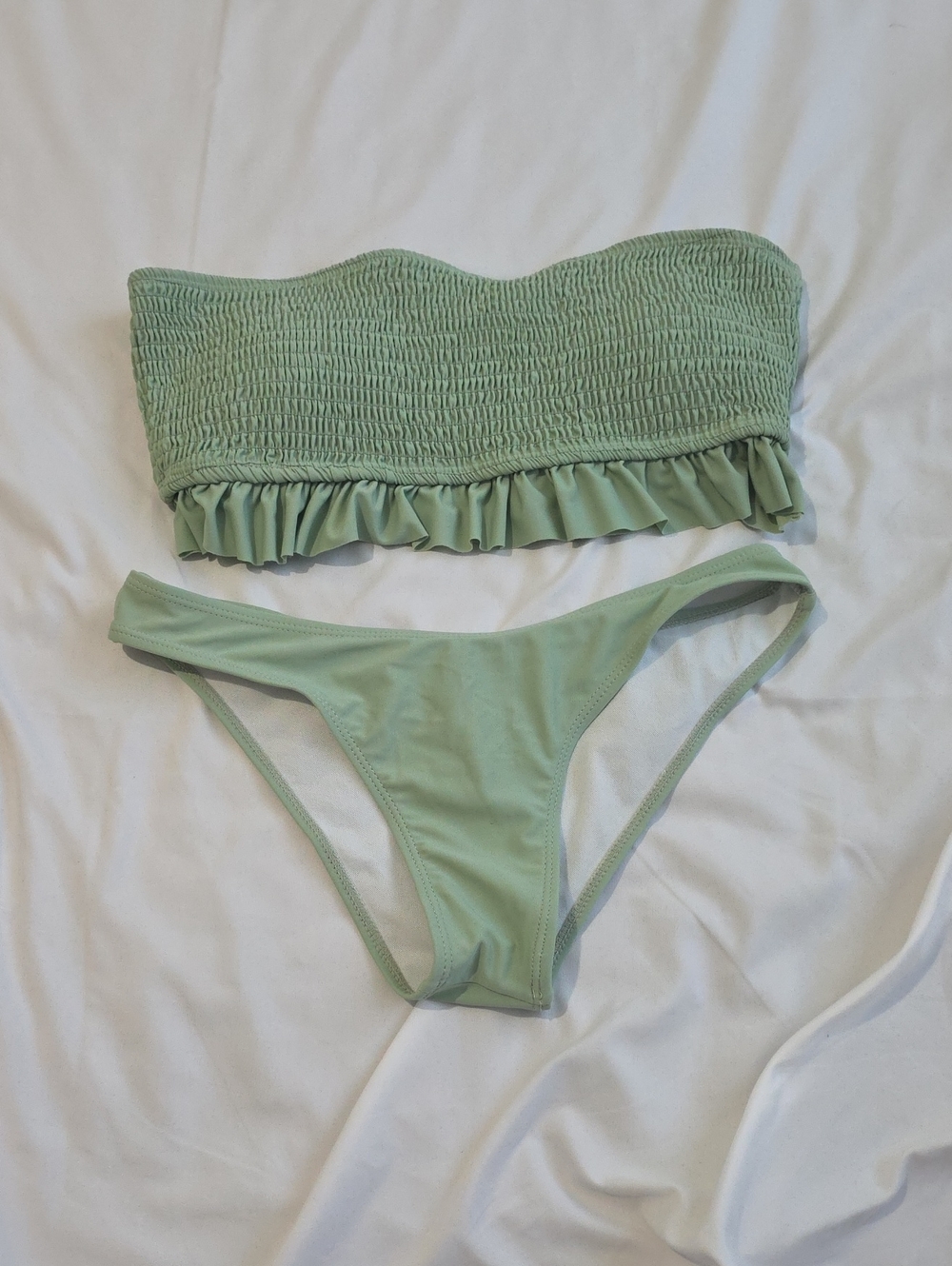 SHEIN Sage Green Smocked Ruffle Bandeau Bikini Set